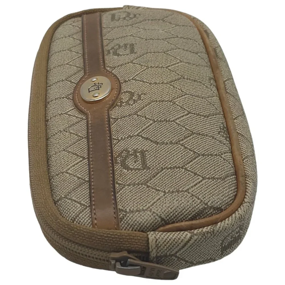 Vintage Auth Christian Dior Cosmetic Pouch Case Honeycomb PVC Leather Beige J11